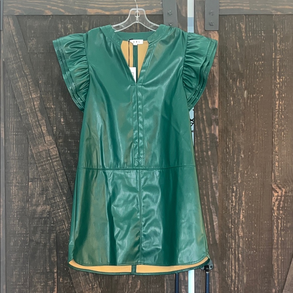 Flutter Sleeve Leather Dress - Green